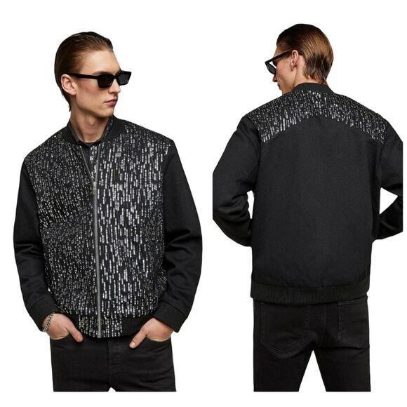 Zara Sequin Bomber Jacket Full Zip Black Denim - Picture 2 of 16
